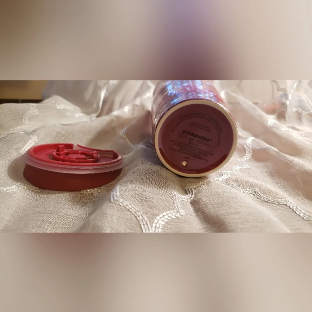 Starbucks 2021 Holiday Burgundy and Red Striped Ceramic Tumbler W/ Plastic Lid